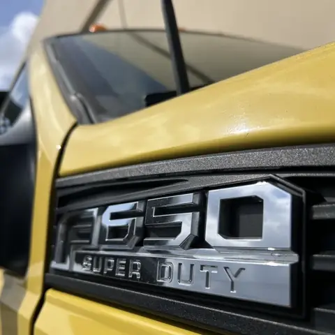 Ford F650 Super Duty medium duty truck grille close up during fleet service in Ontario, CA